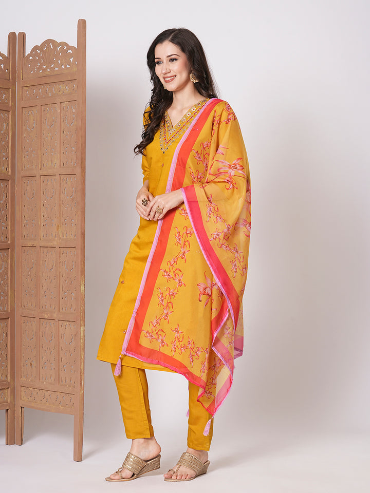 Stylish Mustard Viscose Chanderi Top Featuring Bottom | Accentuated by a Tissue Silk Dupatta