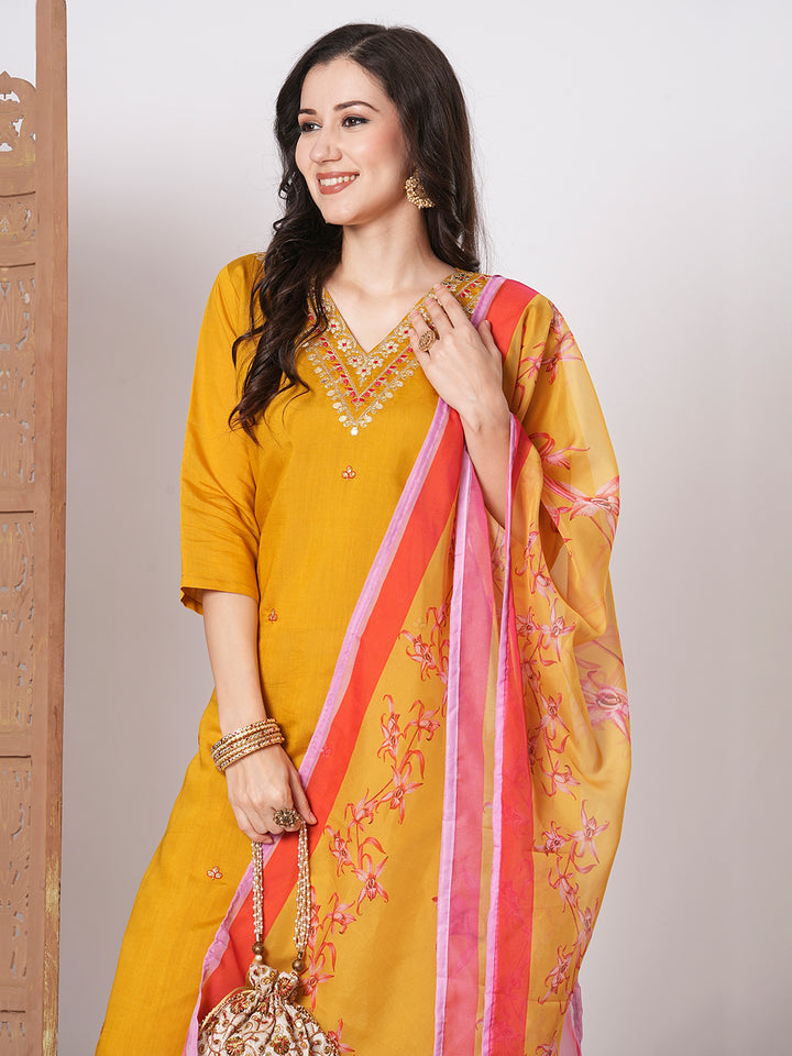 Stylish Mustard Viscose Chanderi Top Featuring Bottom | Accentuated by a Tissue Silk Dupatta