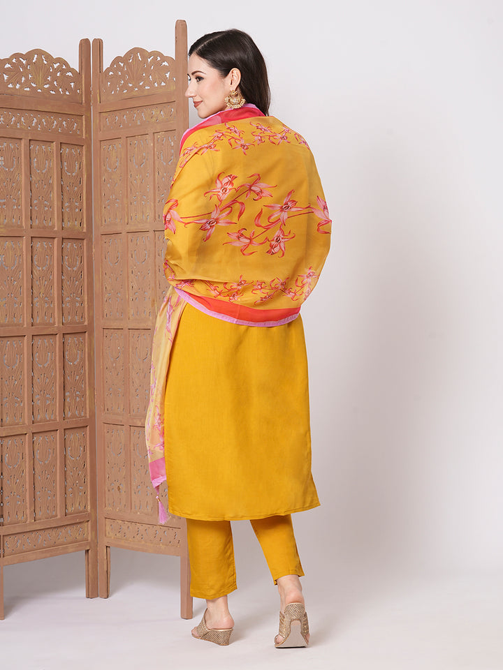 Stylish Mustard Viscose Chanderi Top Featuring Bottom | Accentuated by a Tissue Silk Dupatta