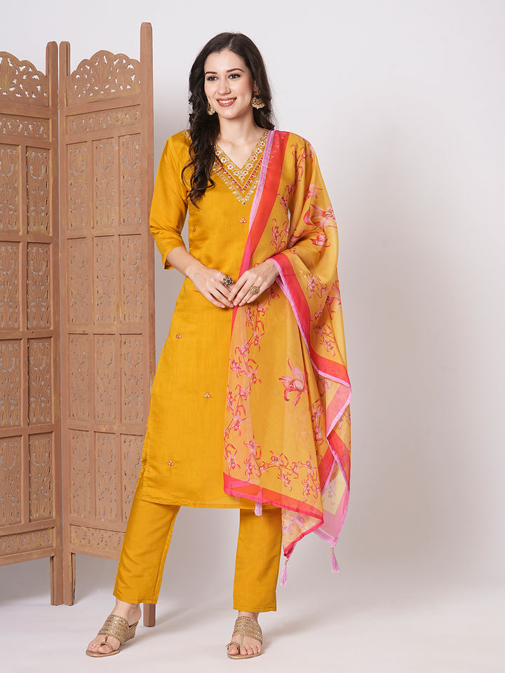 Stylish Mustard Viscose Chanderi Top Featuring Bottom | Accentuated by a Tissue Silk Dupatta