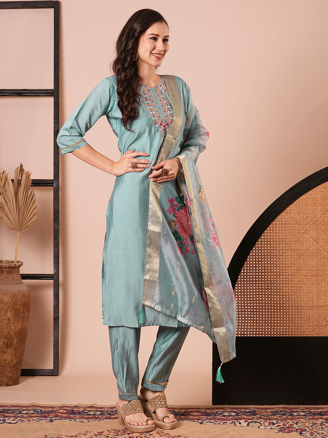 Chic Sky Blue Viscose Chanderi Salwar Suit | Accentuated by a Jacquard Butti