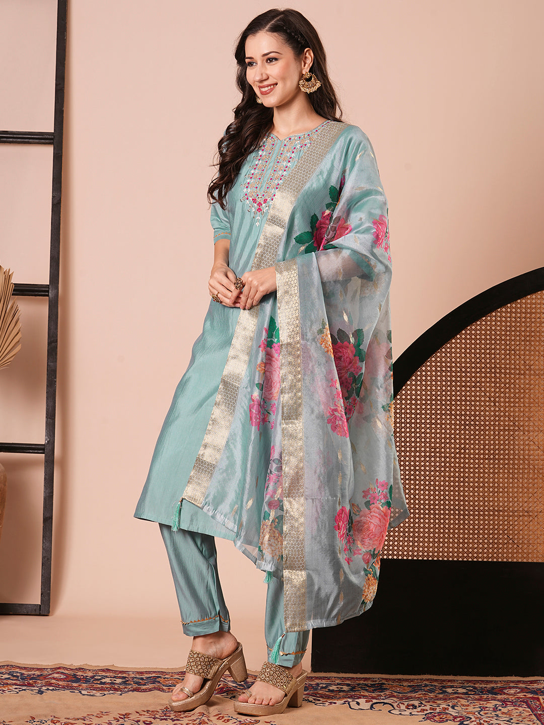 Chic Sky Blue Viscose Chanderi Salwar Suit | Accentuated by a Jacquard Butti