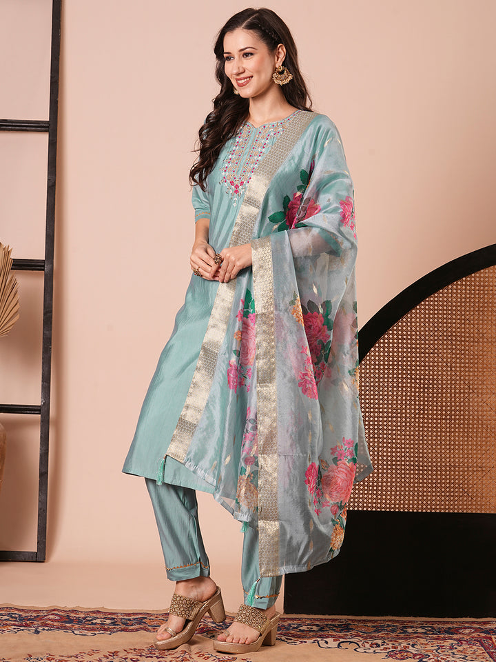 Chic Sky Blue Viscose Chanderi Salwar Suit | Accentuated by a Jacquard Butti