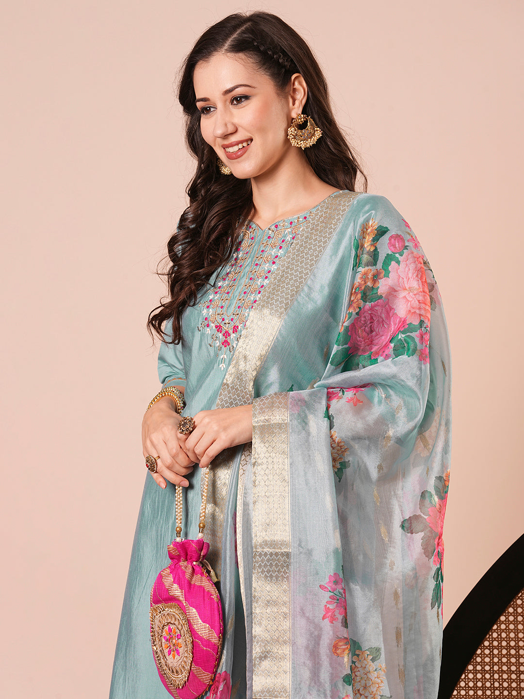 Chic Sky Blue Viscose Chanderi Salwar Suit | Accentuated by a Jacquard Butti