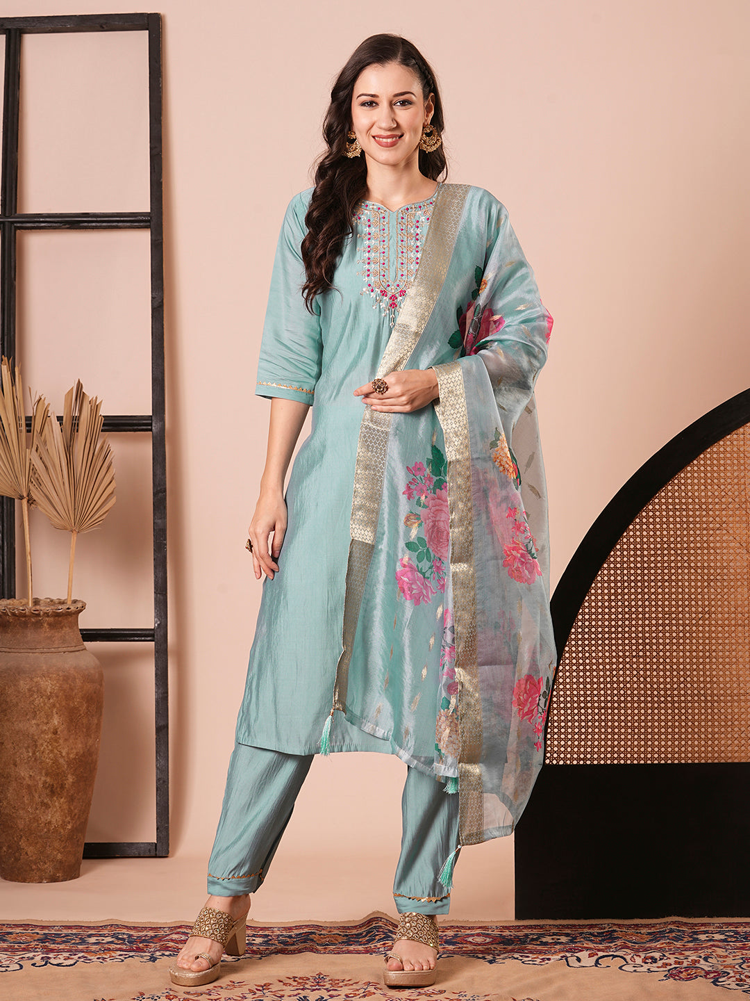Chic Sky Blue Viscose Chanderi Salwar Suit | Accentuated by a Jacquard Butti