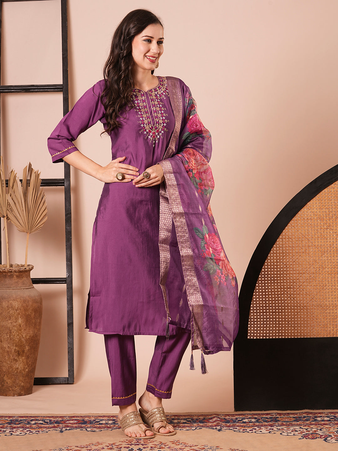 Stylish Purple Viscose Chanderi Top Featuring Bottom | Accentuated by a Jacquard
