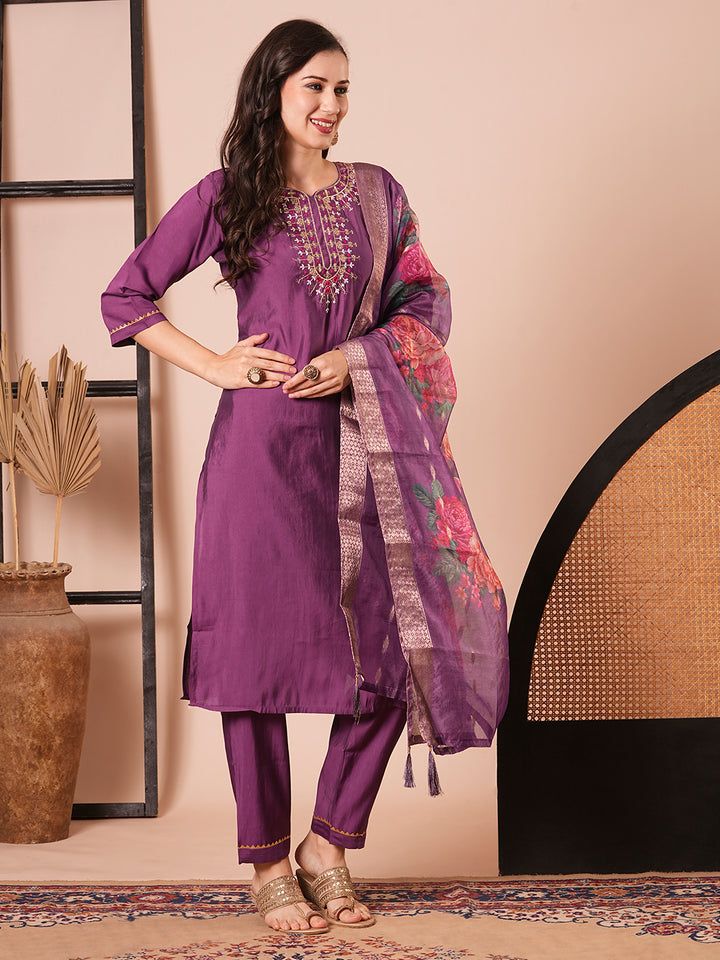 Stylish Purple Viscose Chanderi Top Featuring Bottom | Accentuated by a Jacquard