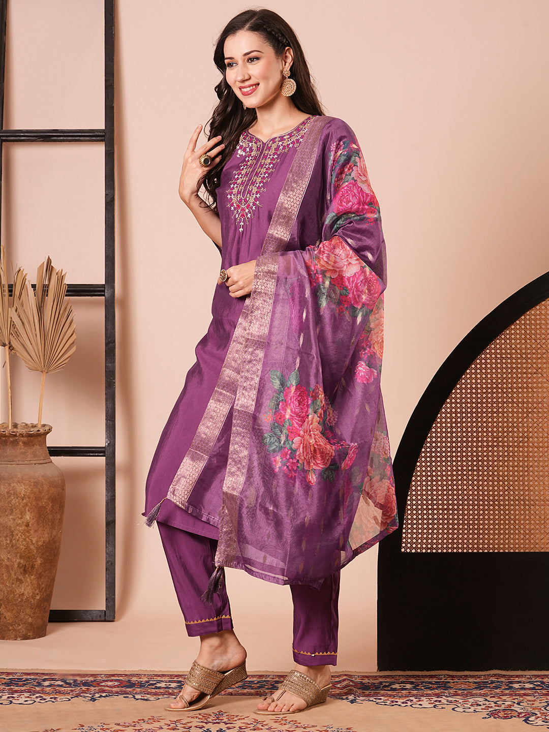 Stylish Purple Viscose Chanderi Top Featuring Bottom | Accentuated by a Jacquard