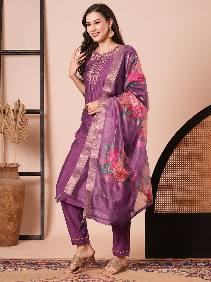 Stylish Purple Viscose Chanderi Top Featuring Bottom | Accentuated by a Jacquard