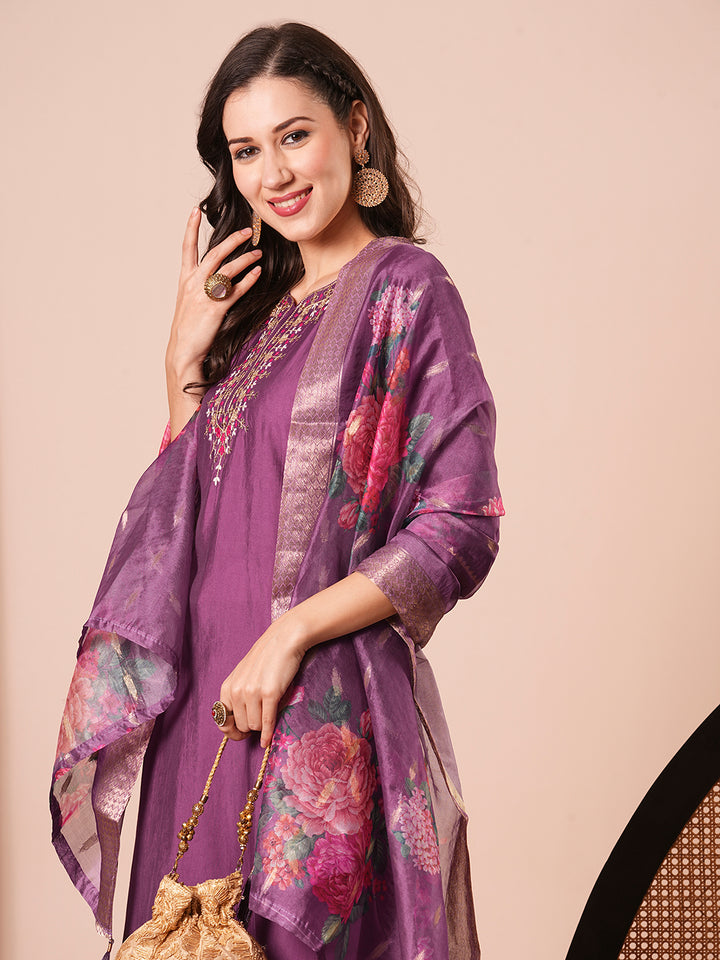 Stylish Purple Viscose Chanderi Top Featuring Bottom | Accentuated by a Jacquard