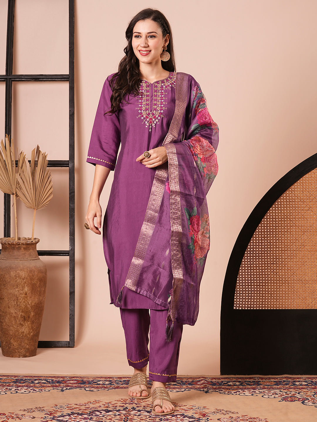 Stylish Purple Viscose Chanderi Top Featuring Bottom | Accentuated by a Jacquard