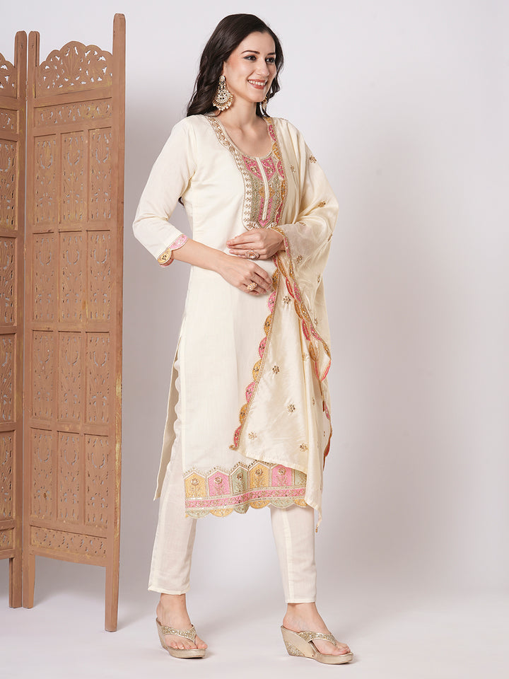 Chic Cream Viscose Chanderi Top with Bottom | Highlighting a Stunning Organza Dupatta