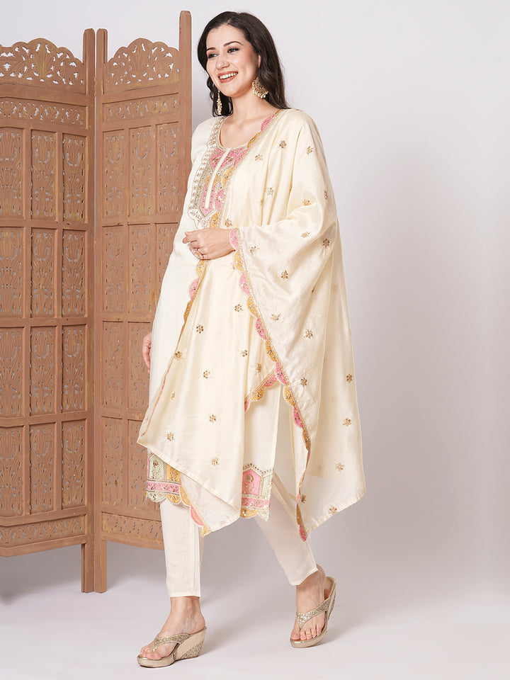 Chic Cream Viscose Chanderi Top with Bottom | Highlighting a Stunning Organza Dupatta