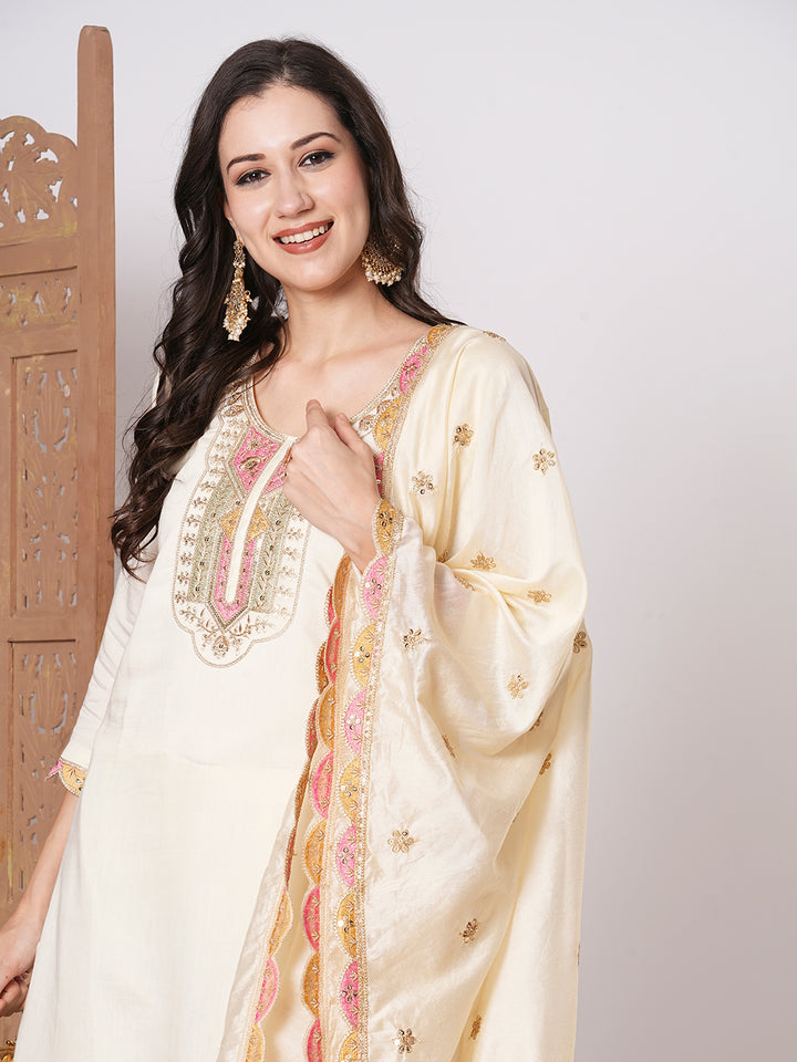Chic Cream Viscose Chanderi Top with Bottom | Highlighting a Stunning Organza Dupatta