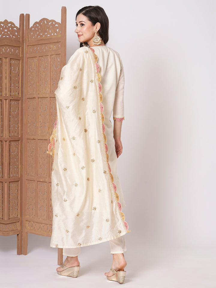 Chic Cream Viscose Chanderi Top with Bottom | Highlighting a Stunning Organza Dupatta