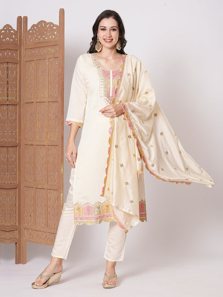 Chic Cream Viscose Chanderi Top with Bottom | Highlighting a Stunning Organza Dupatta