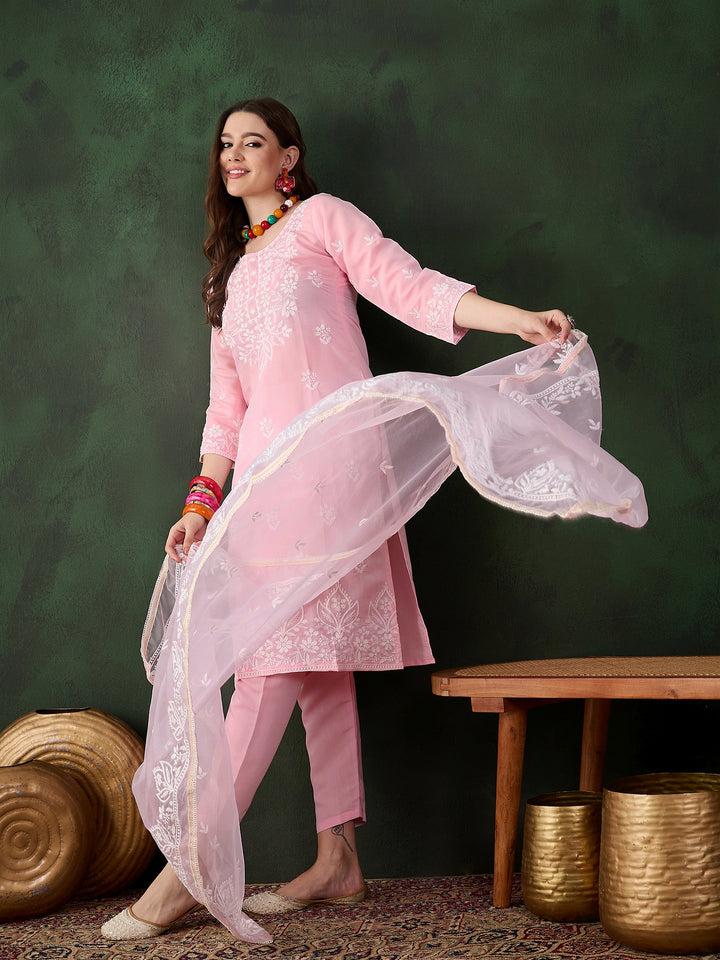 Graceful Baby Pink Roman Silk Top with Bottom | Accentuated by a Organza Dupatta