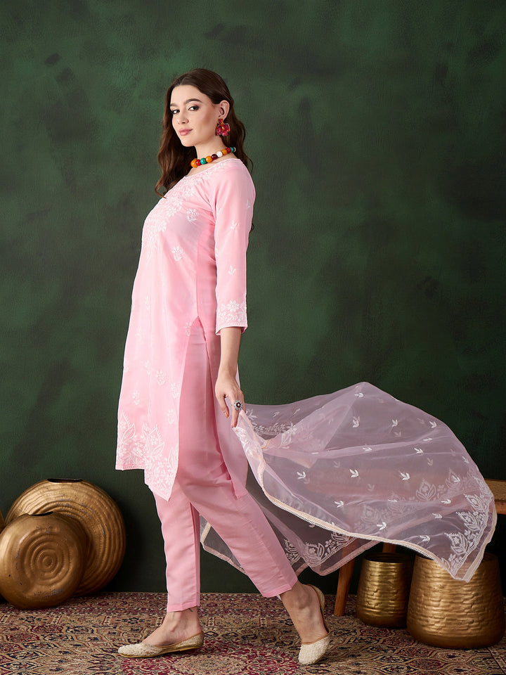 Graceful Baby Pink Roman Silk Top with Bottom | Accentuated by a Organza Dupatta