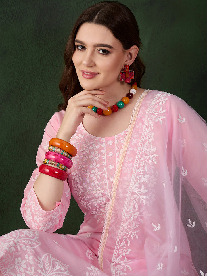 Graceful Baby Pink Roman Silk Top with Bottom | Accentuated by a Organza Dupatta