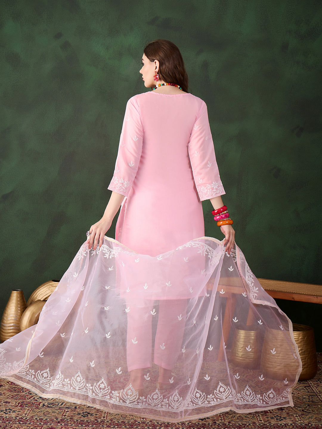 Graceful Baby Pink Roman Silk Top with Bottom | Accentuated by a Organza Dupatta