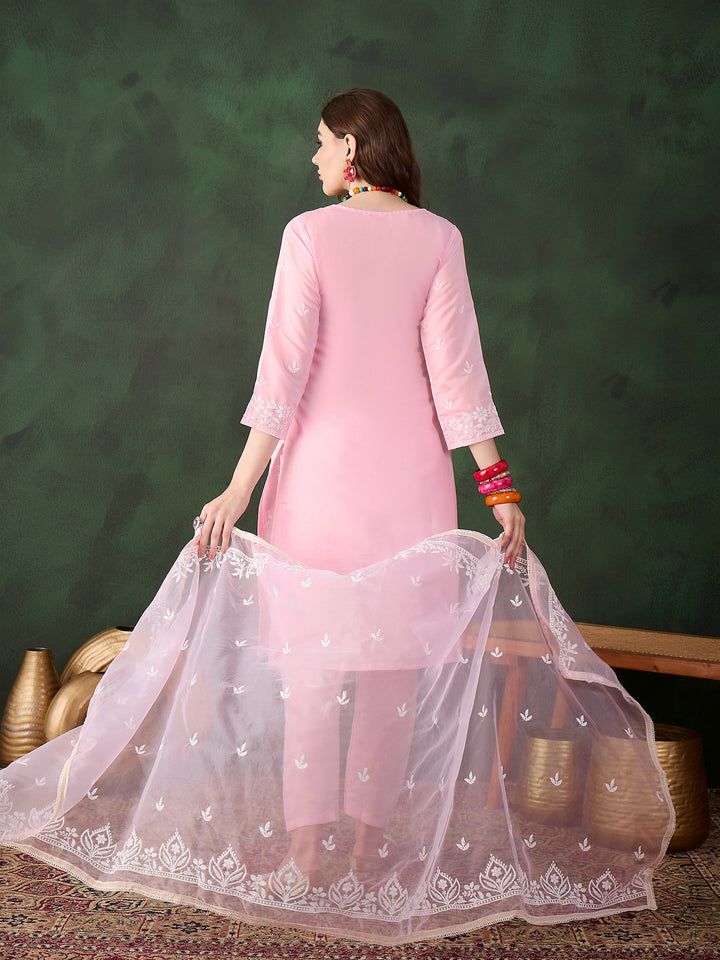 Graceful Baby Pink Roman Silk Top with Bottom | Accentuated by a Organza Dupatta