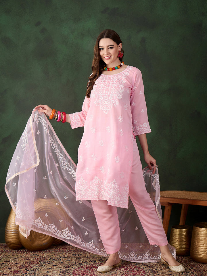 Graceful Baby Pink Roman Silk Top with Bottom | Accentuated by a Organza Dupatta