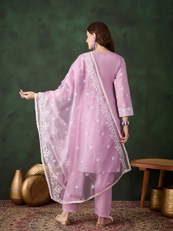 Graceful Baby Pink Roman Silk Top with Bottom | Accentuated by a Organza Dupatta