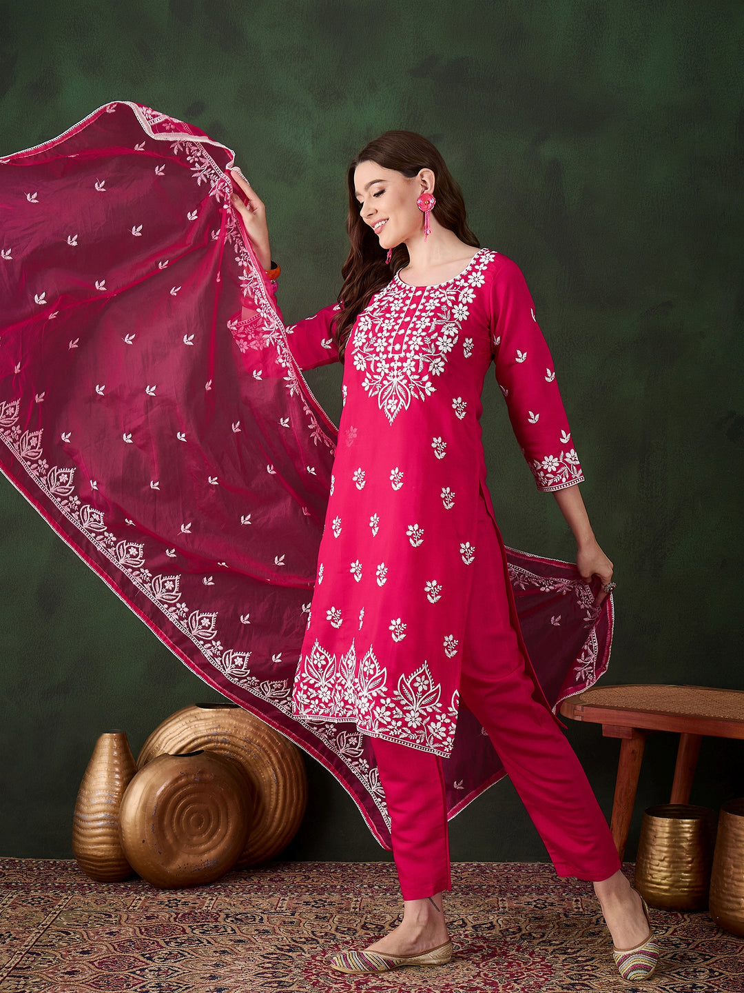 Graceful Baby Pink Roman Silk Top with Bottom | Accentuated by a Organza Dupatta