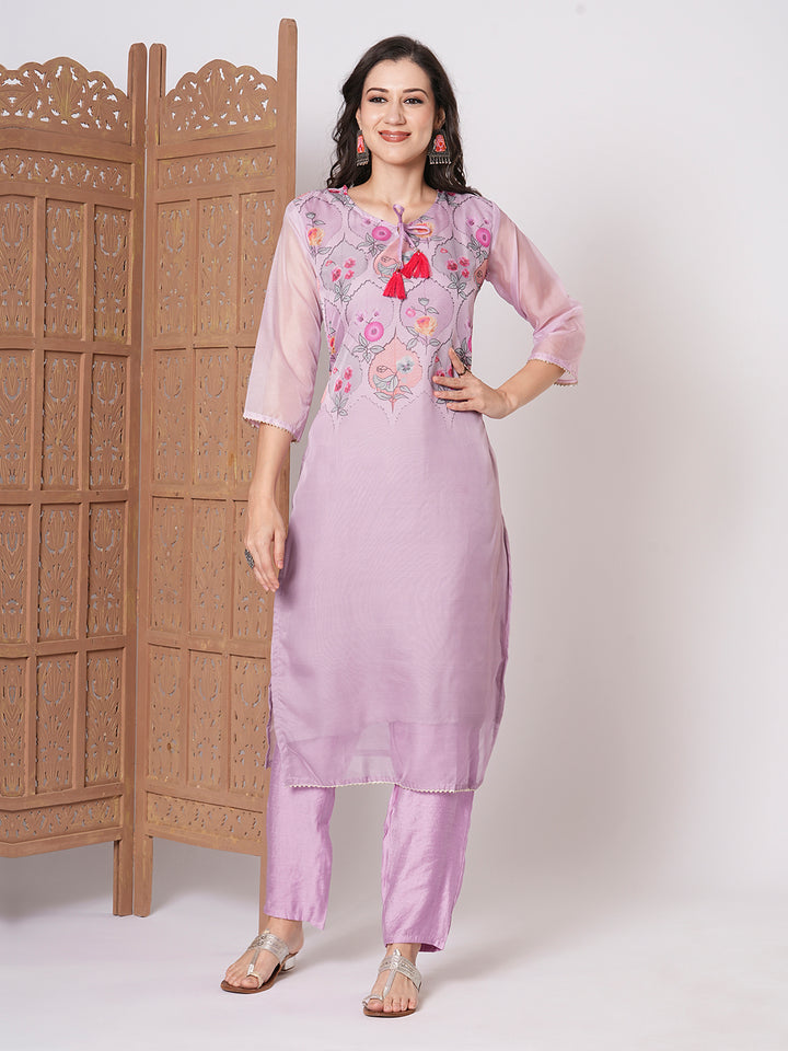 Trendy Lavender Taby Silk Top PaiRed with Viscose Blend Bottom | Enhanced by a Beautiful Taby Silk