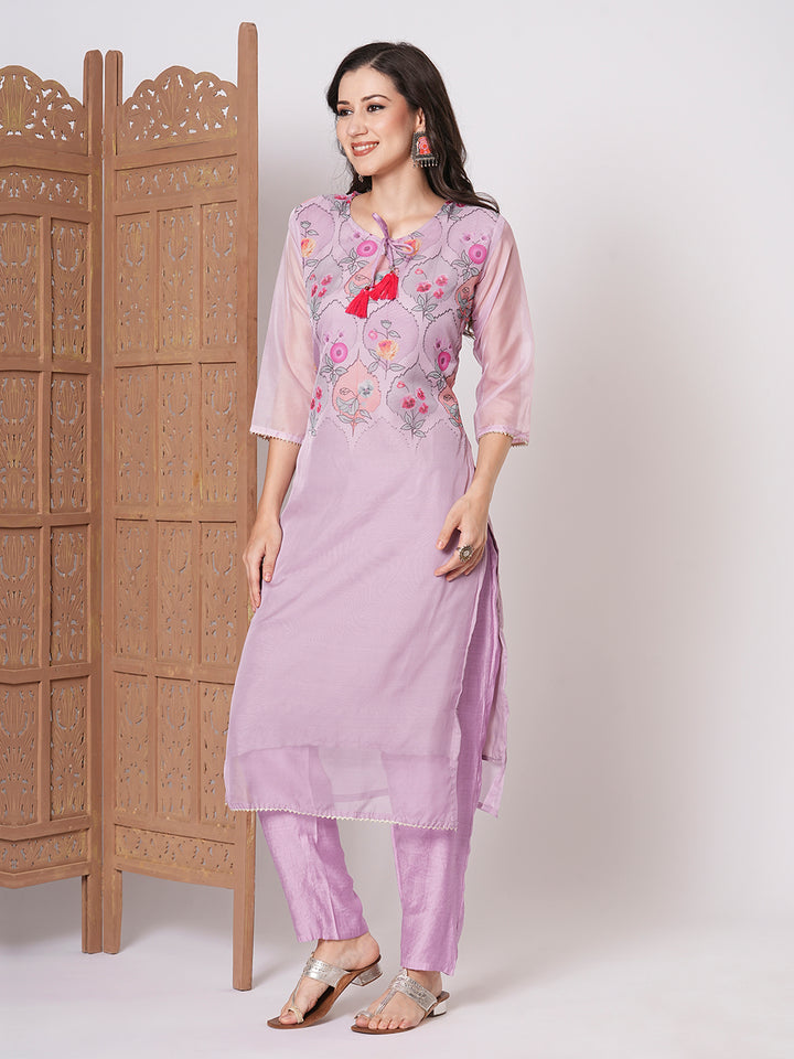 Trendy Lavender Taby Silk Top PaiRed with Viscose Blend Bottom | Enhanced by a Beautiful Taby Silk