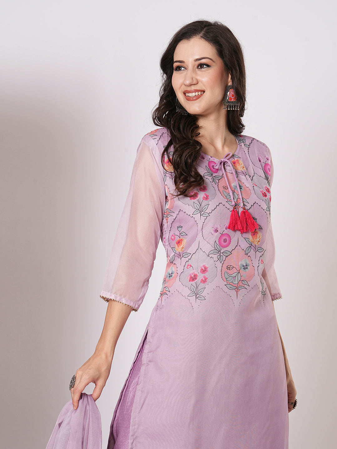 Trendy Lavender Taby Silk Top PaiRed with Viscose Blend Bottom | Enhanced by a Beautiful Taby Silk