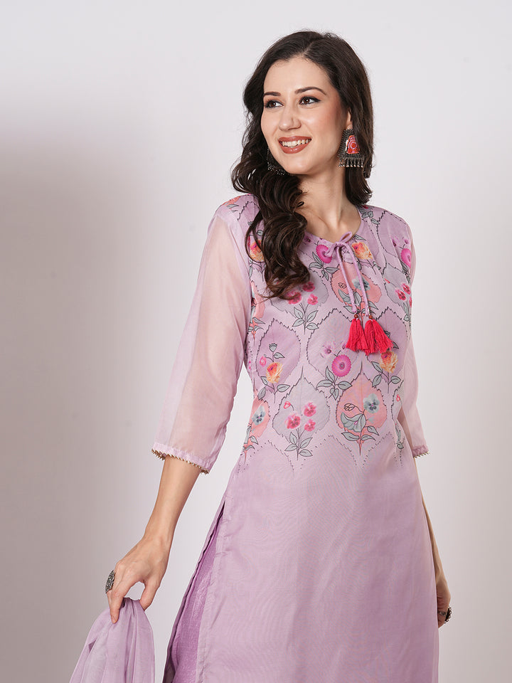 Trendy Lavender Taby Silk Top PaiRed with Viscose Blend Bottom | Enhanced by a Beautiful Taby Silk