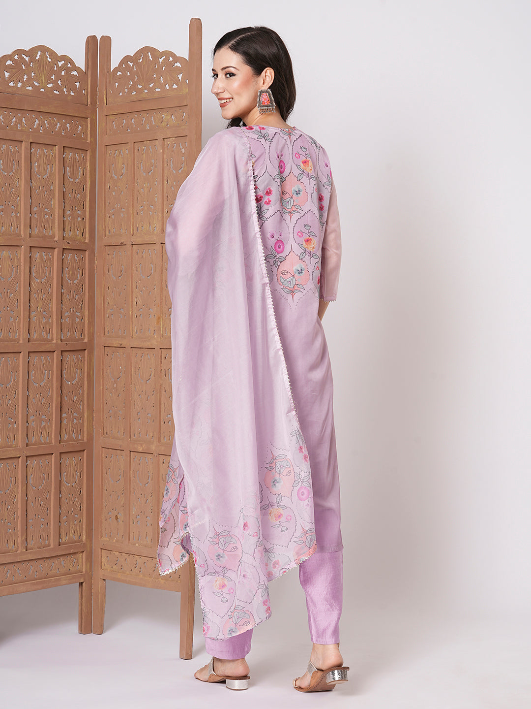 Trendy Lavender Taby Silk Top PaiRed with Viscose Blend Bottom | Enhanced by a Beautiful Taby Silk