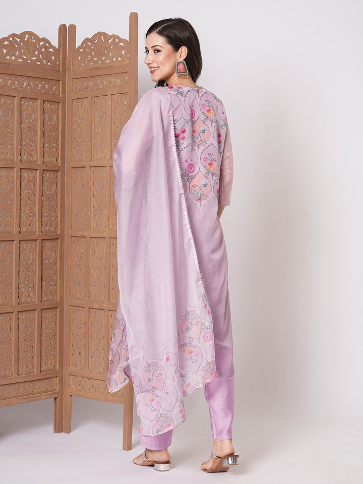 Trendy Lavender Taby Silk Top PaiRed with Viscose Blend Bottom | Enhanced by a Beautiful Taby Silk