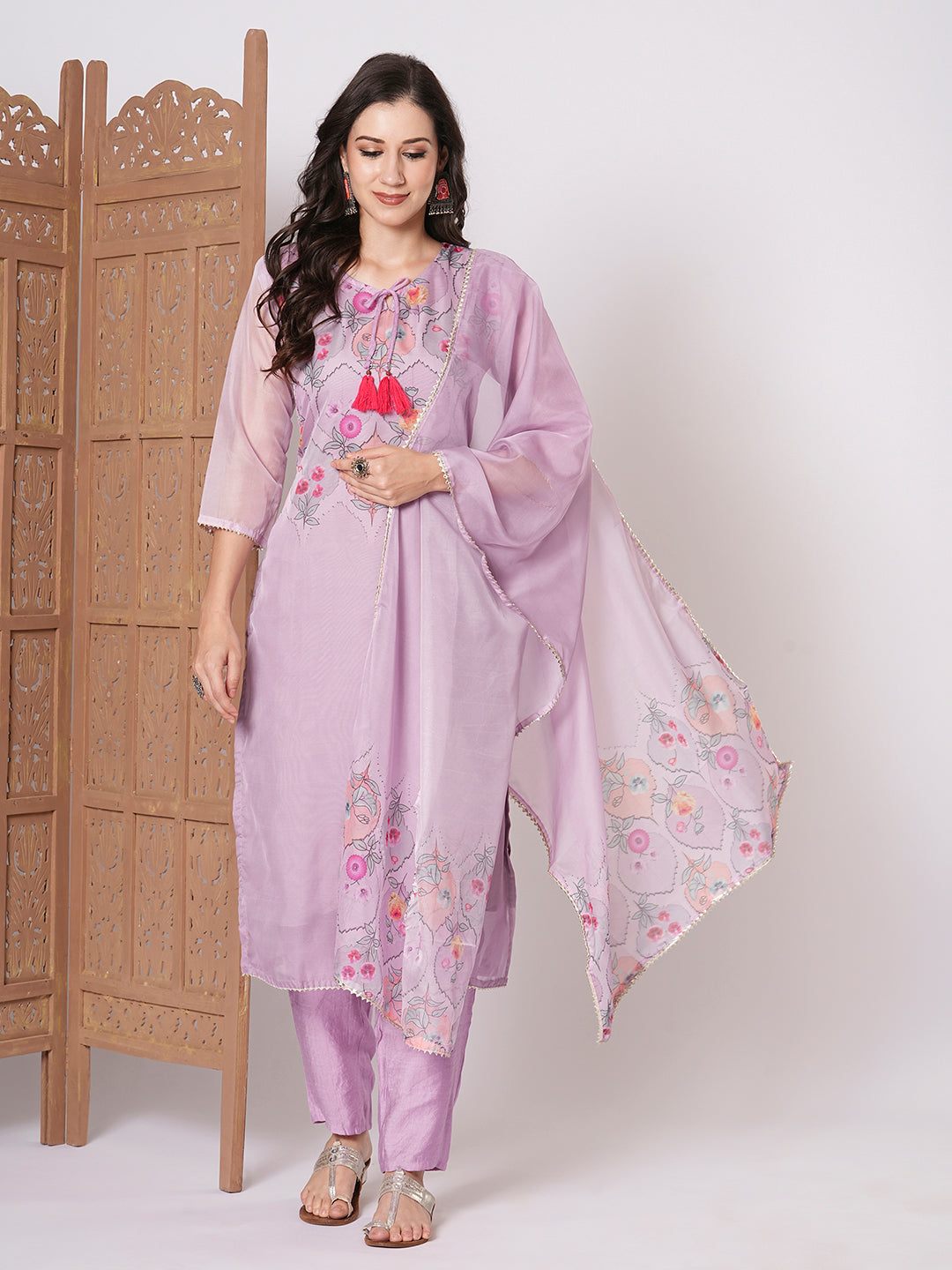 Trendy Lavender Taby Silk Top PaiRed with Viscose Blend Bottom | Enhanced by a Beautiful Taby Silk