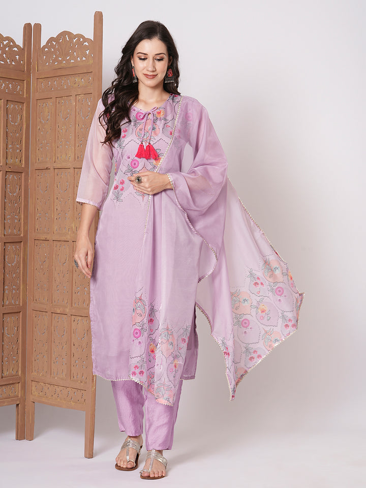Trendy Lavender Taby Silk Top PaiRed with Viscose Blend Bottom | Enhanced by a Beautiful Taby Silk