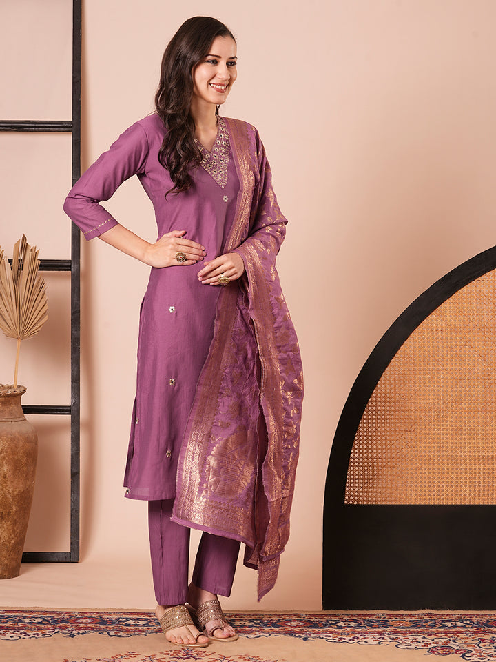 Elegant Soft Wine Suit | PV Chanderi top bottom with Jacquard Silk dupatta