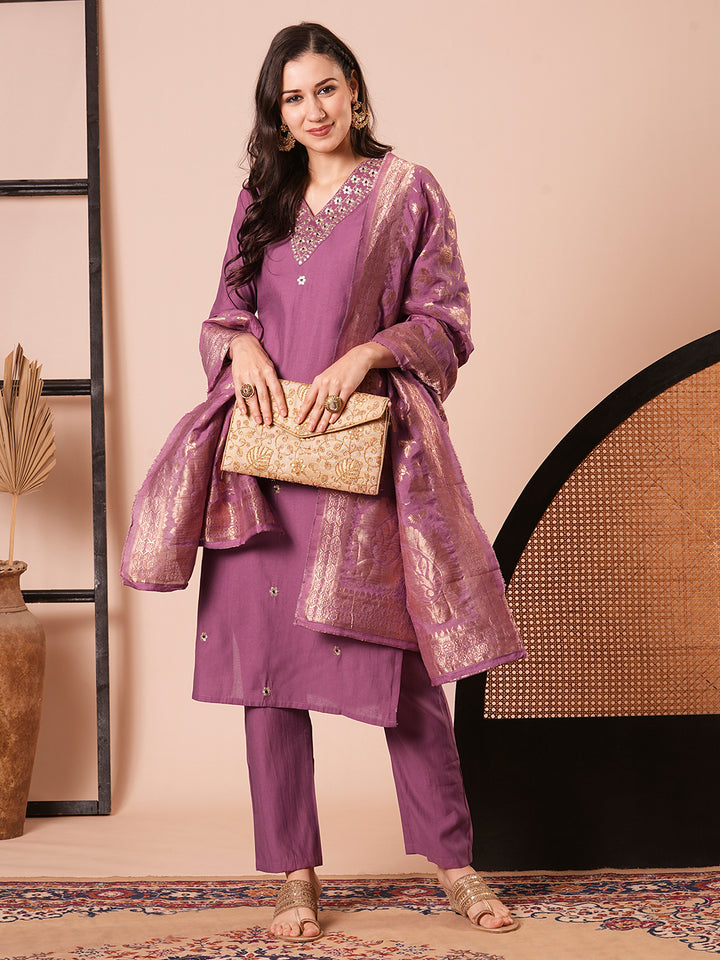 Elegant Soft Wine Suit | PV Chanderi top bottom with Jacquard Silk dupatta