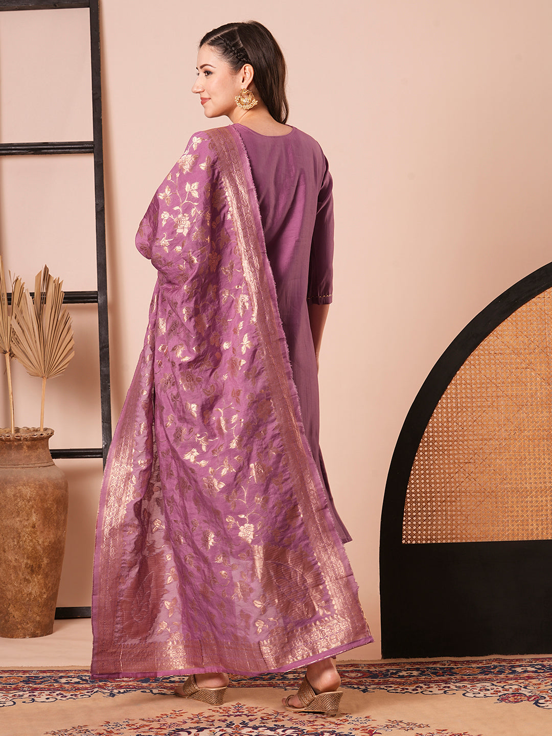 Elegant Soft Wine Suit | PV Chanderi top bottom with Jacquard Silk dupatta