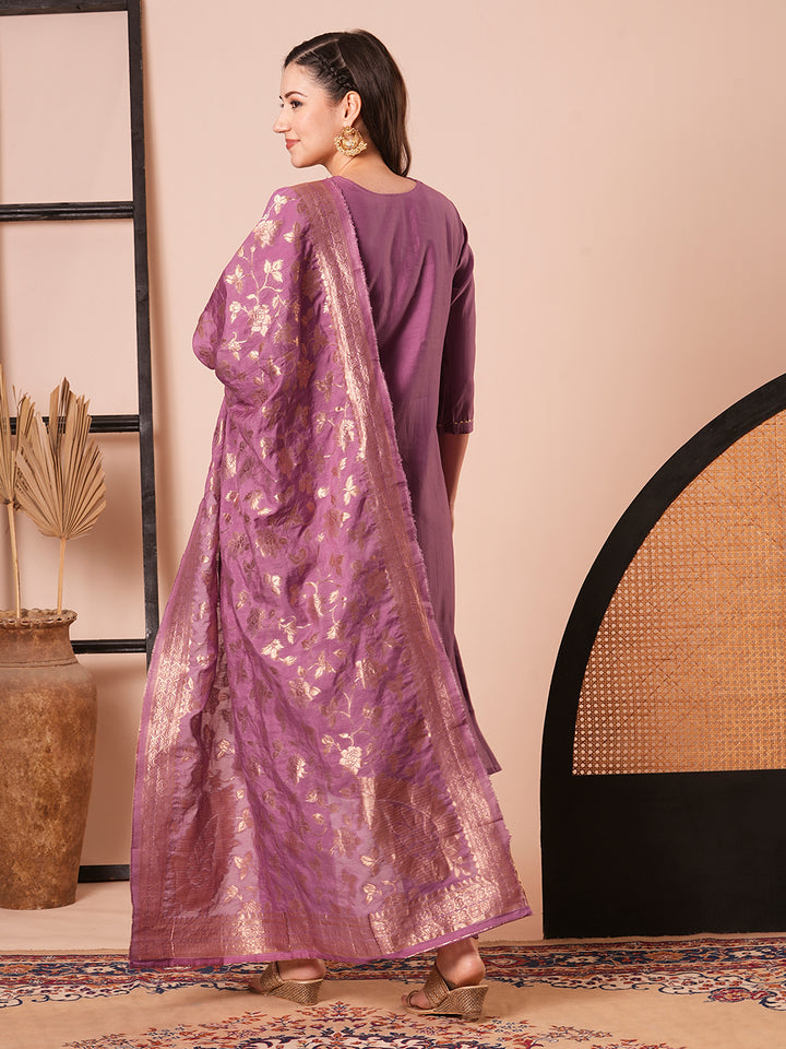Elegant Soft Wine Suit | PV Chanderi top bottom with Jacquard Silk dupatta