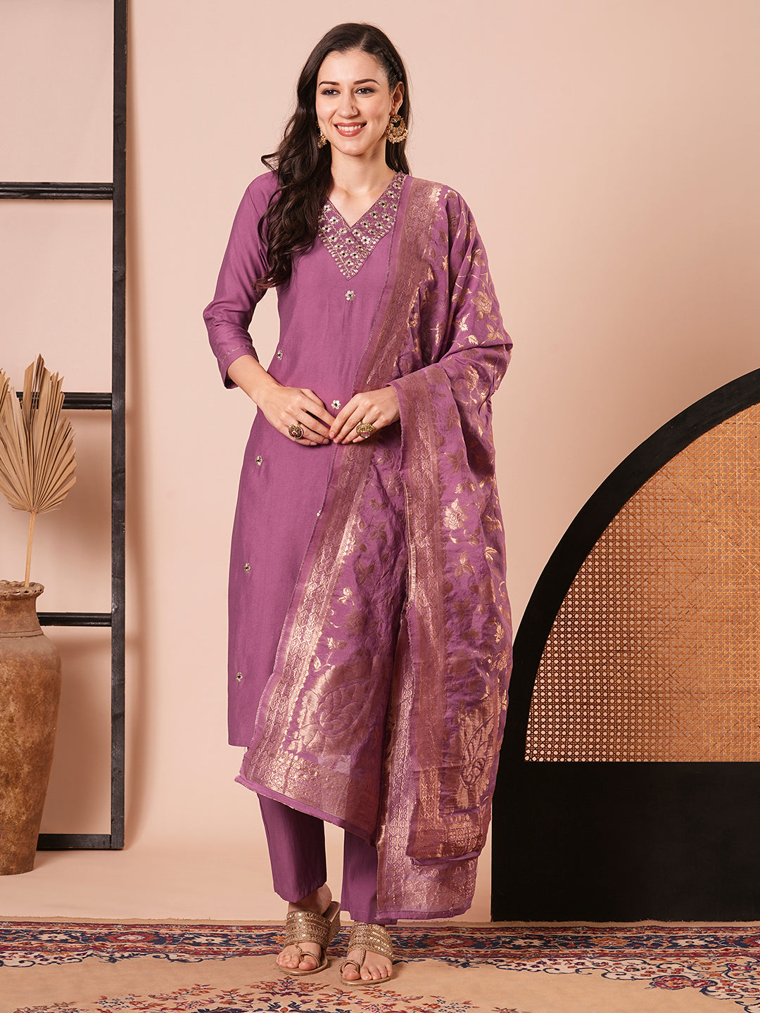 Elegant Soft Wine Suit | PV Chanderi top bottom with Jacquard Silk dupatta