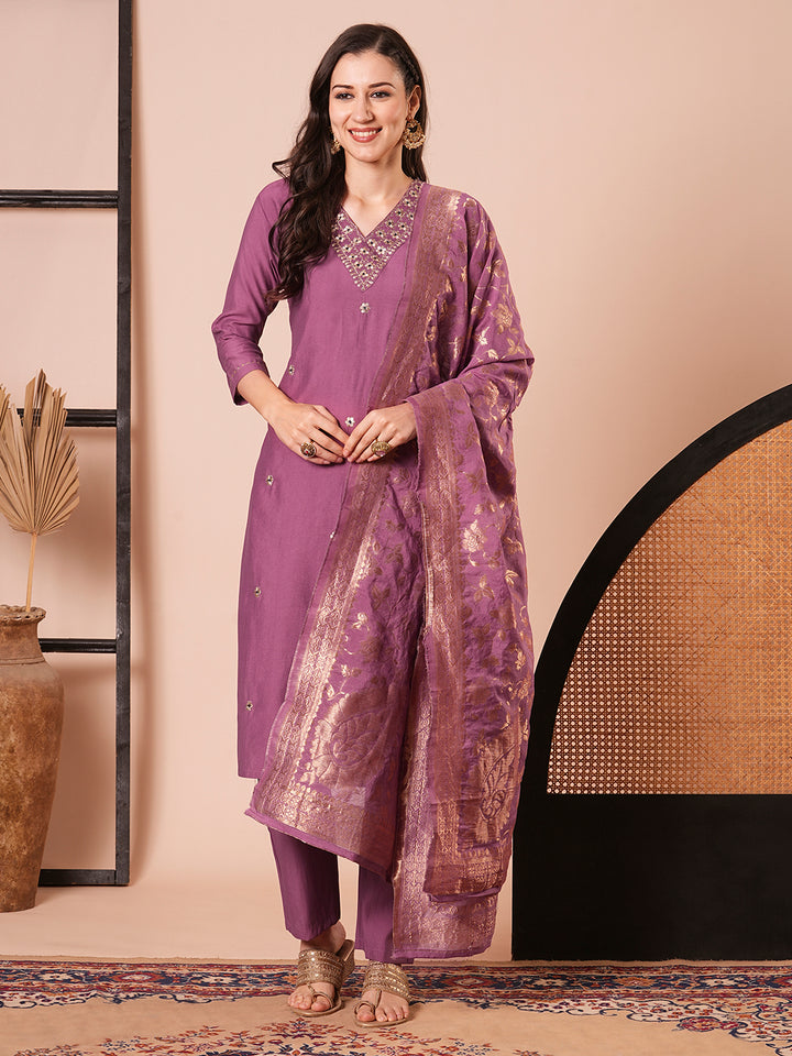 Elegant Soft Wine Suit | PV Chanderi top bottom with Jacquard Silk dupatta