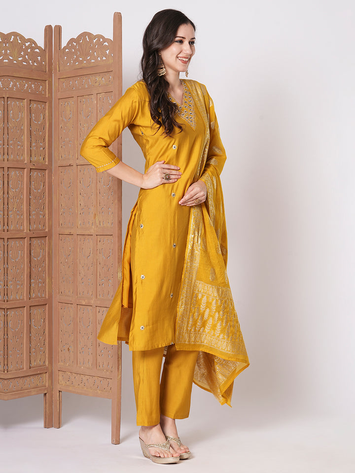 Stunning Mustard Suit | PV Chanderi top bottom with Jacquard Silk dupatta