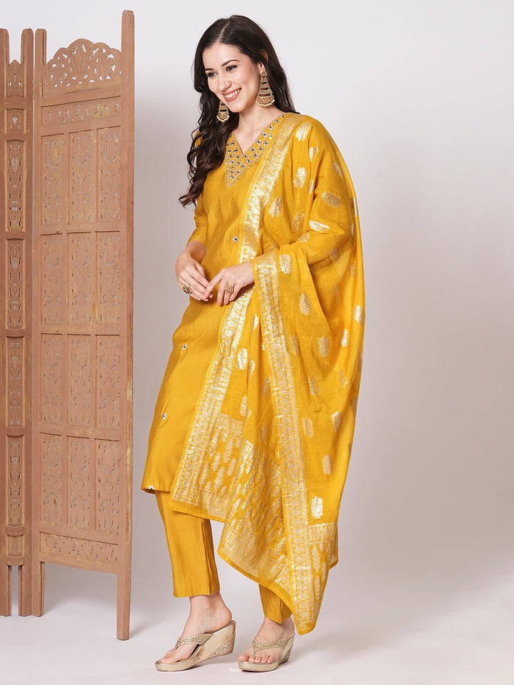 Stunning Mustard Suit | PV Chanderi top bottom with Jacquard Silk dupatta