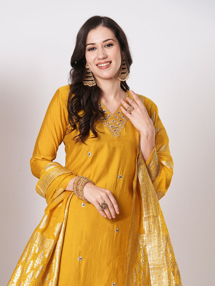 Stunning Mustard Suit | PV Chanderi top bottom with Jacquard Silk dupatta
