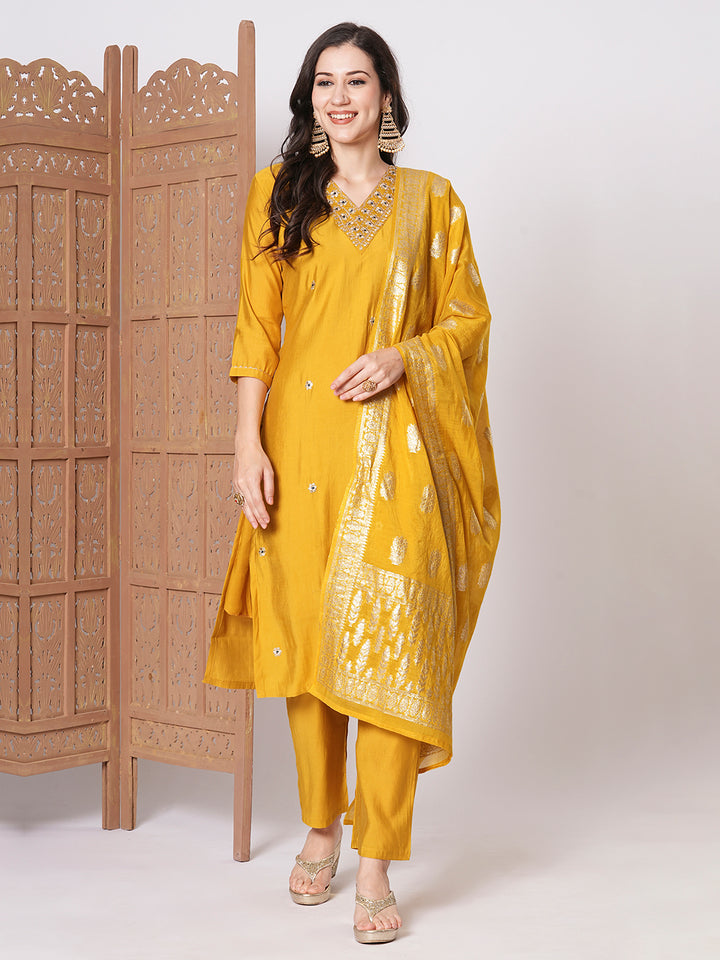 Stunning Mustard Suit | PV Chanderi top bottom with Jacquard Silk dupatta