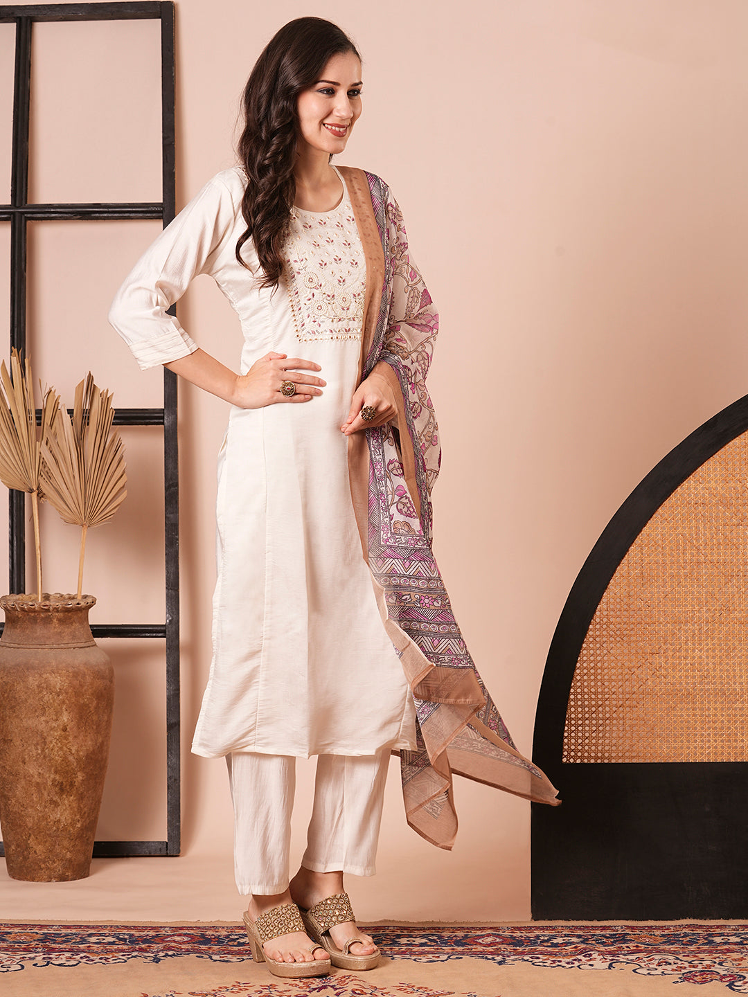 Elegant Cream Suit | Chanderi top bottom with dupatta