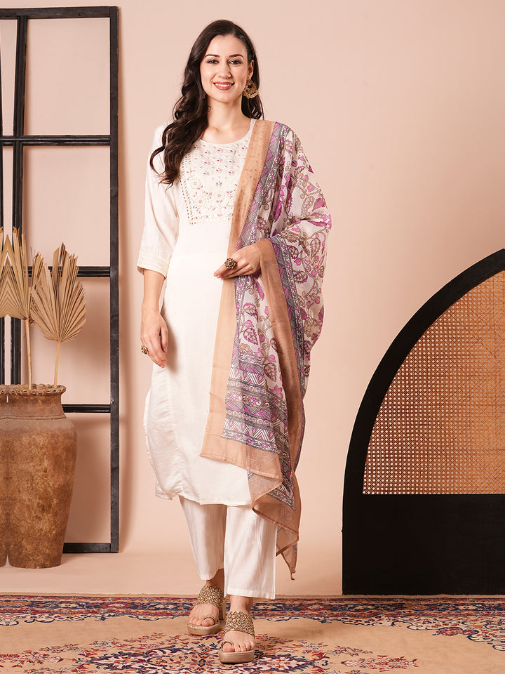 Elegant Cream Suit | Chanderi top bottom with dupatta