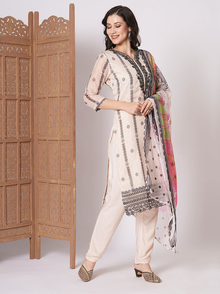 Stylish Off-White Taby Silk Top Featuring Viscose Blend Bottom | Finished with Chiffon