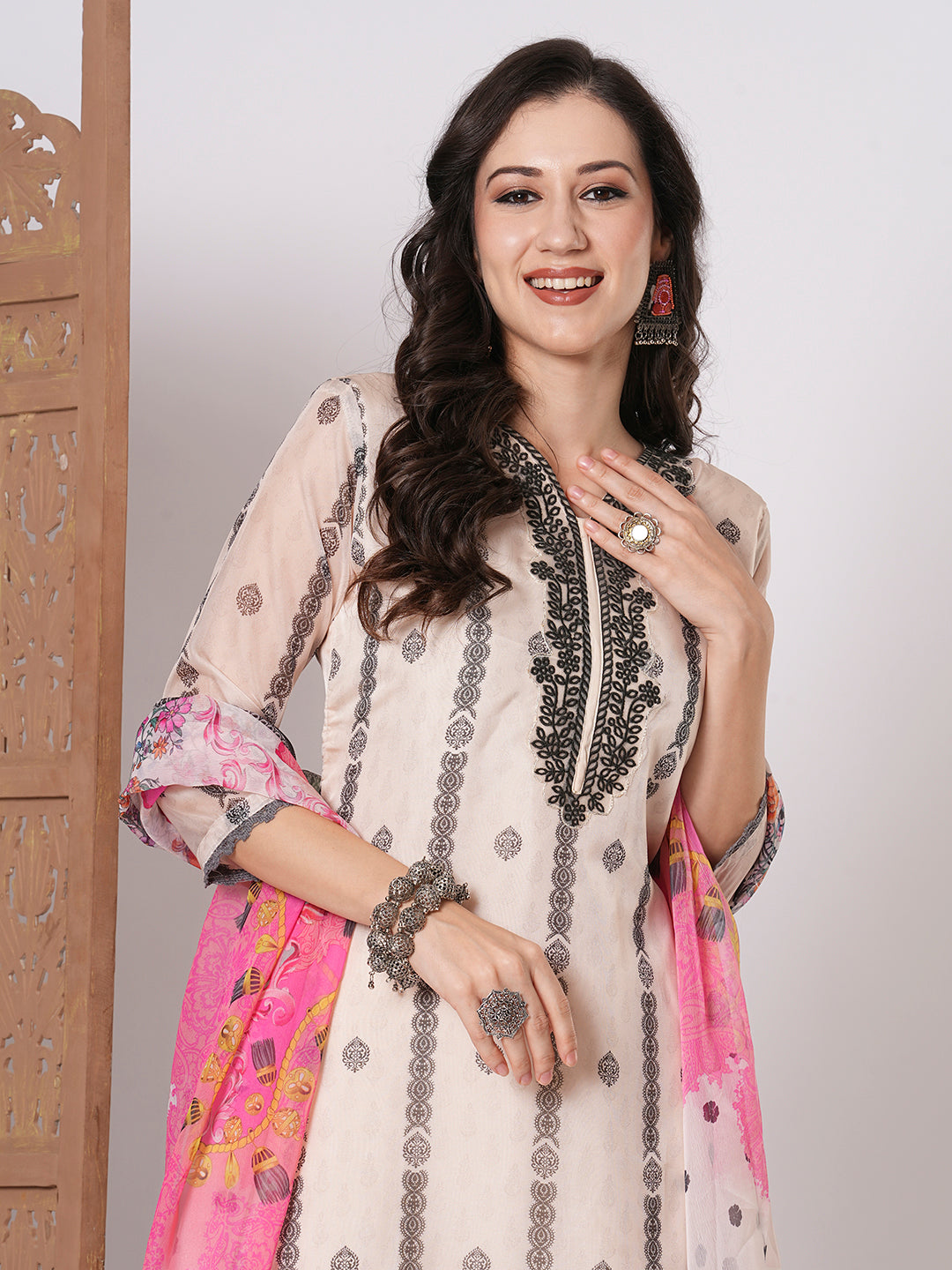Stylish Off-White Taby Silk Top Featuring Viscose Blend Bottom | Finished with Chiffon
